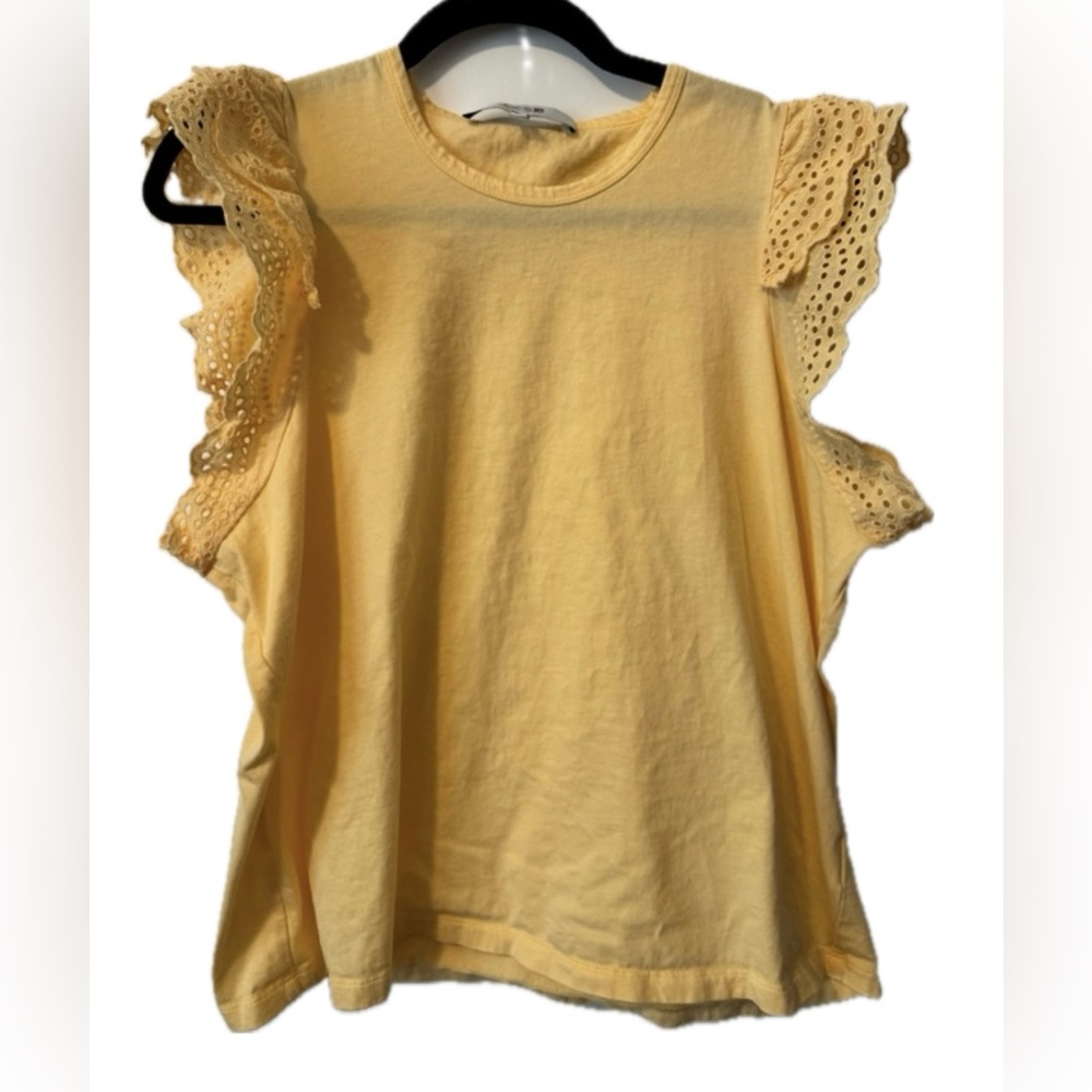 Joe’s Jeans Eyelet Ruffle Sleeve Top XL Apricot Yellow Feminine Boho Blouse